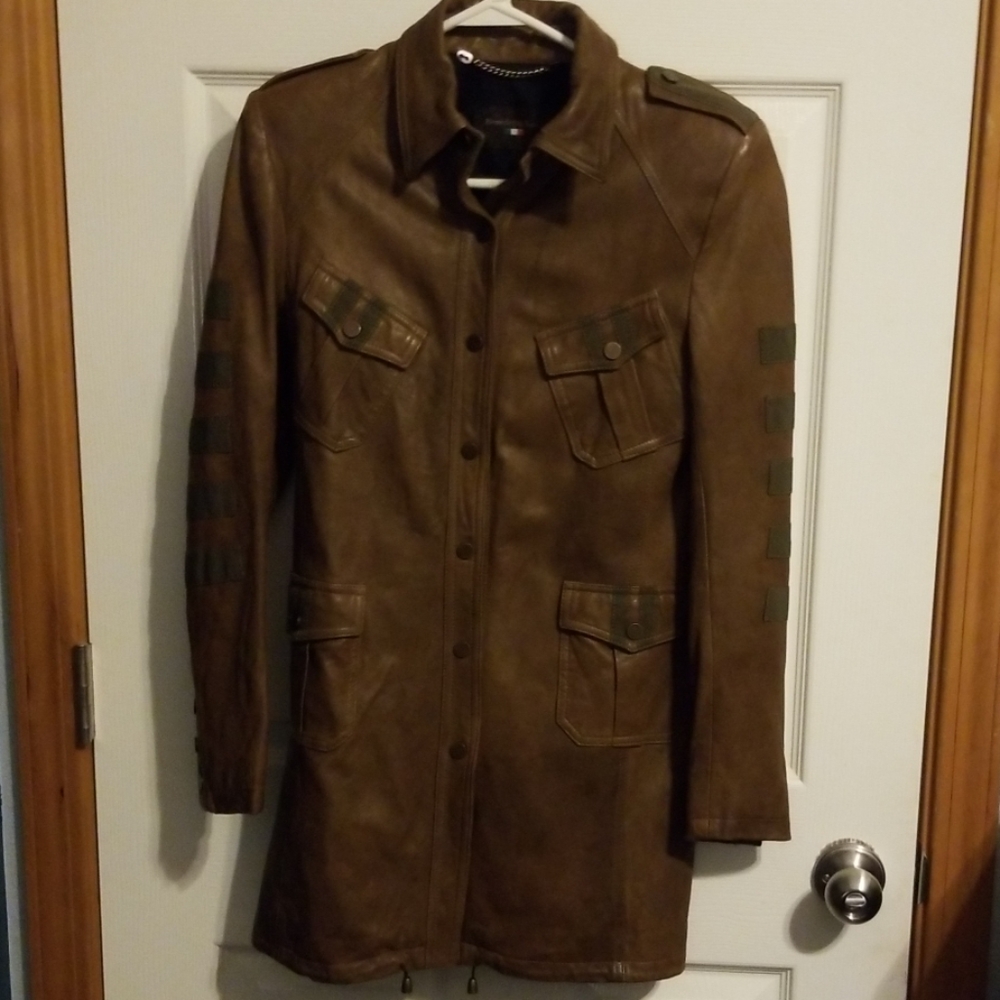 Brown thigh level leather coat